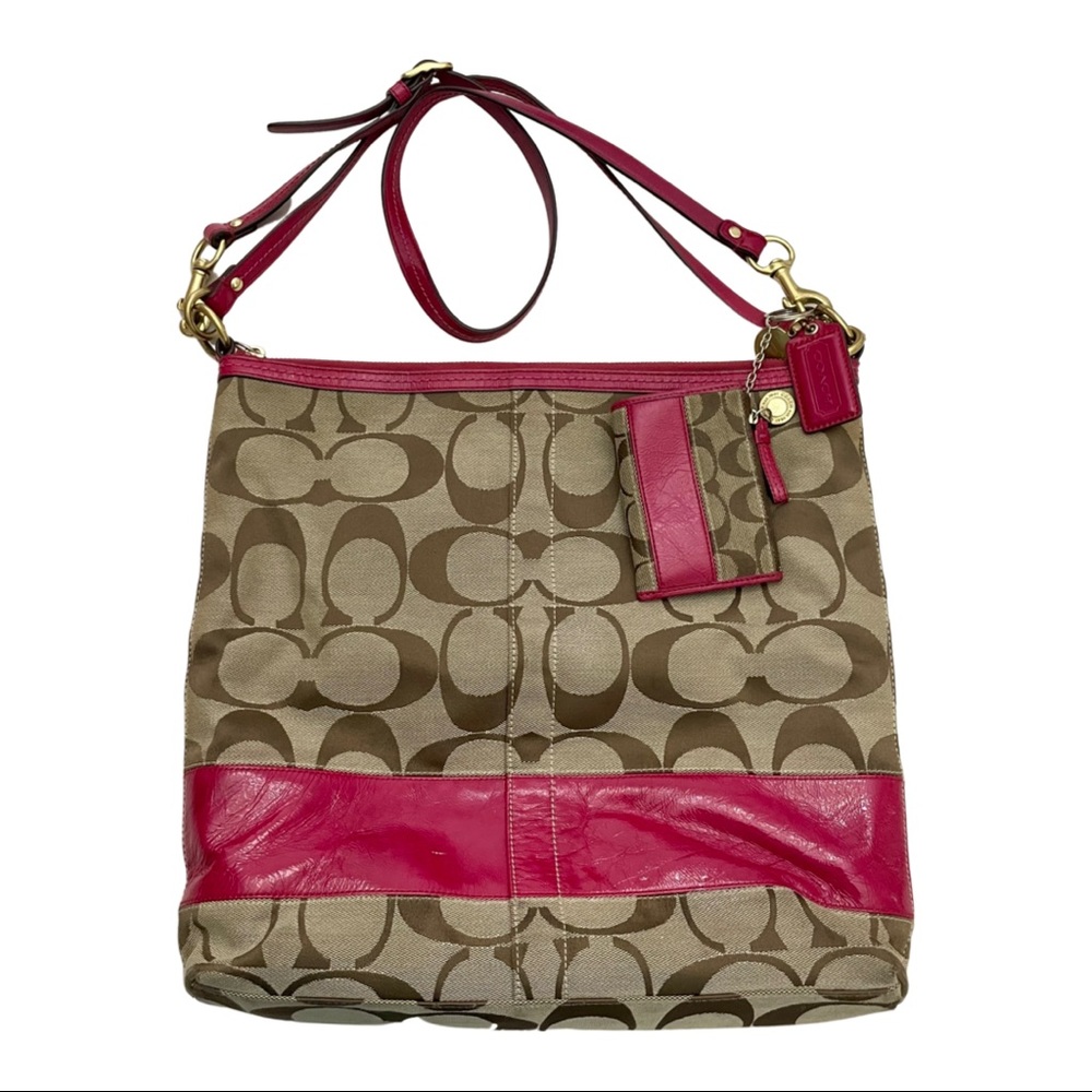 PURSE AND WALLET: COACH 2-Way Signature Khaki & Pink File Bag & Keychain Wallet - Picture 6 of 11